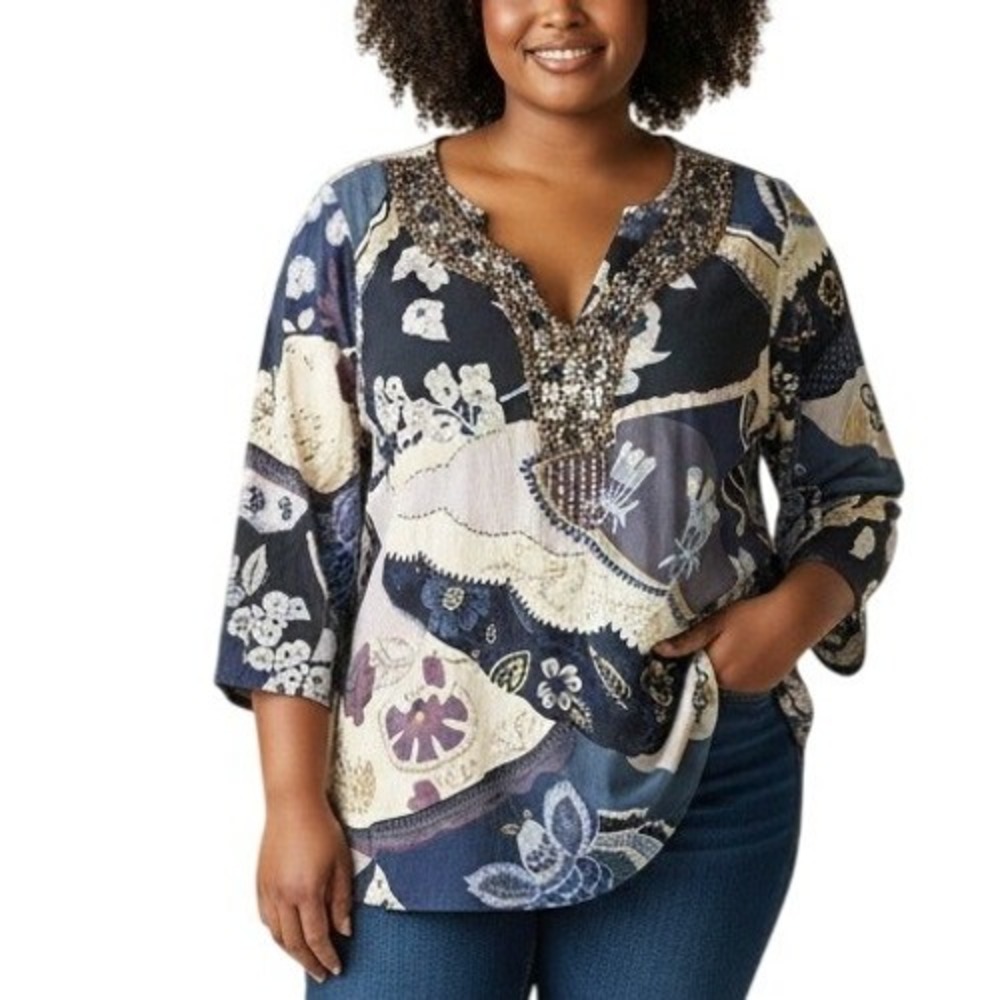 Silk Threads Womens Blue Floral Patchwork Embellished V-Neck Cotton Tunic Top L